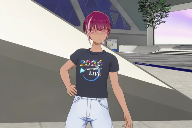 ホロアース マーケットプレイスで作成した「COUNTDOWN LIVE 2025▷2026」の応募Tシャツをゲーム内で着た様子