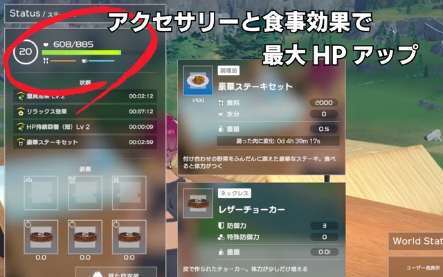 ホロアースでアクセサリーと食事効果を併用し、最大HPが500から885まで上昇した状態のステータス画面。