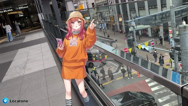 渋谷中央街入口へ向かう歩道橋の途中でボイスが早めに再生されてしまった場面を撮影した写真。歩道橋から見下ろすゲートの様子。【ReGLOSS渋谷さんぽ】」