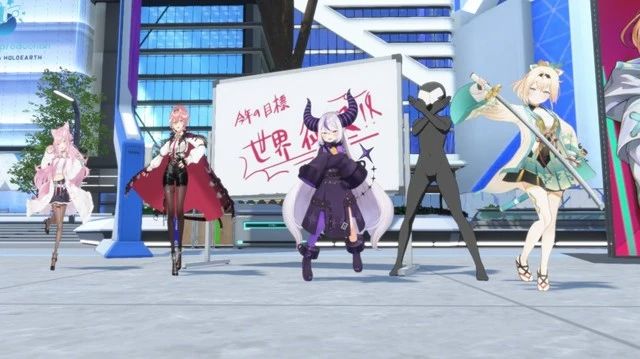 【ホロアース 秘密結社holoX降臨パーティー！】キャラクターパネルの前で記念撮影