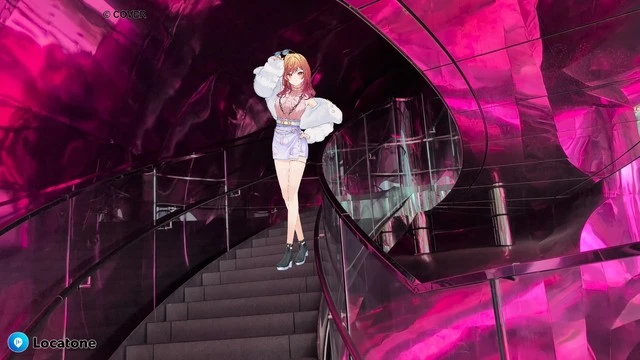 サクラステージのにぎわい広場にあるピンクの階段で私服莉々華ちゃんのARを重ねて撮影した写真。色合いが映える撮影スポット。【ReGLOSS渋谷さんぽ中AR撮影】