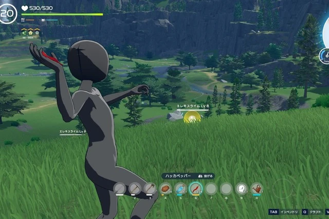 ホロアース　ハッカペッパーをモンスターに投げるところ 何回か当てると発火状態になりスリップダメージを与える